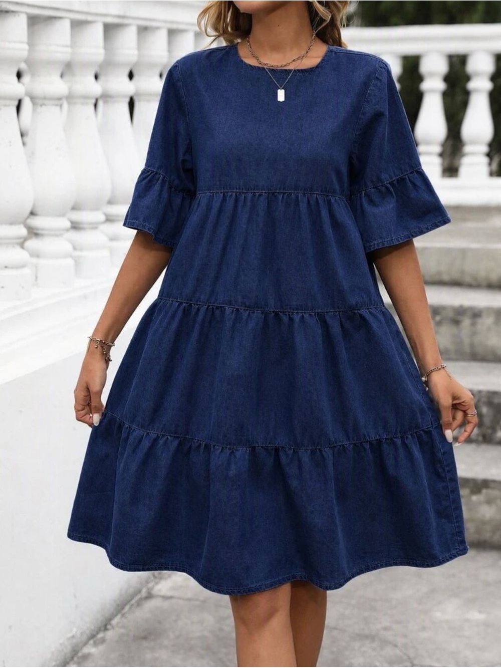 Denim Tiered A-Line Dress in Dark Blue